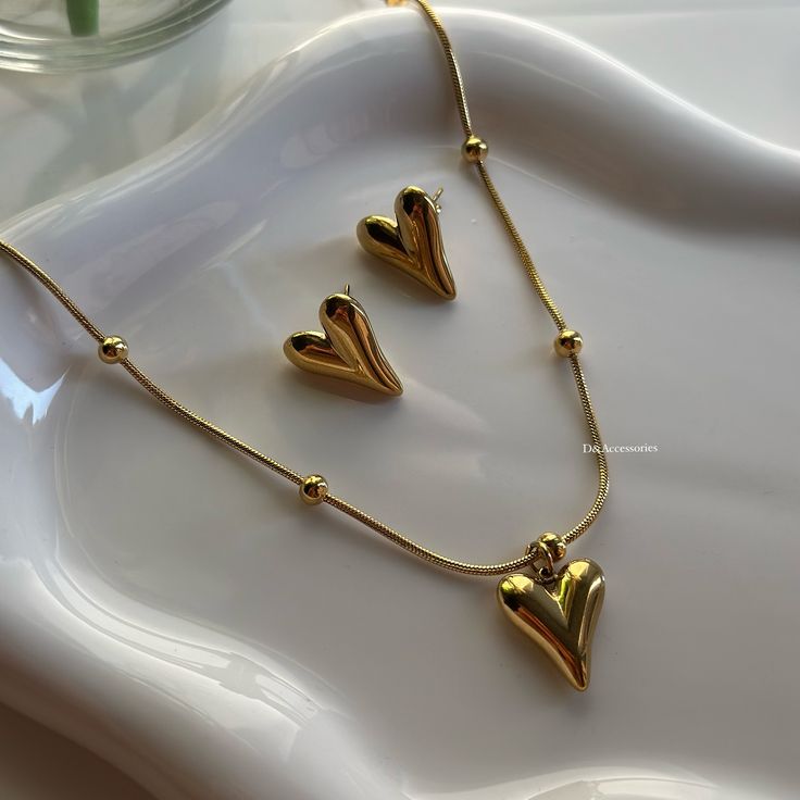 Gold Heart Earring & Necklace